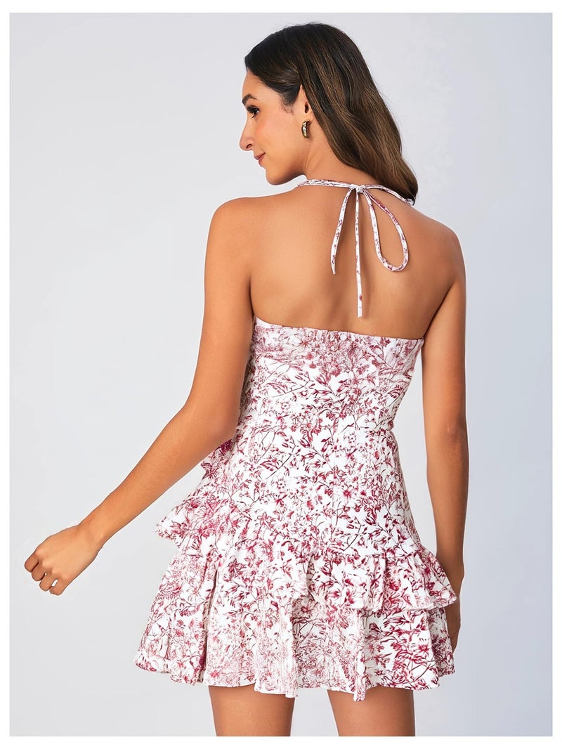 Floerns Women's Floral Halter Ruffle Tiered Cute Summer Mini Dress Milkmaid Vacation Sundress Pink and White - Image 4