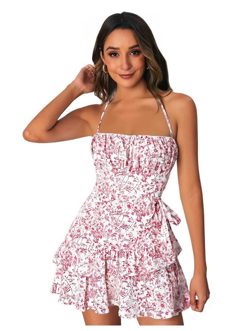 Floerns Women's Floral Halter Ruffle Tiered Cute Summer Mini Dress Milkmaid Vacation Sundress Pink and White - Image 2