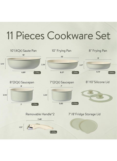 CAROTE 11pcs Pots and Pans Set, Nonstick Cookware Set Detachable Handle, Induction Kitchen Cookware Sets Non Stick with Removable Handle, RV Cookware Set, Oven Safe, Green