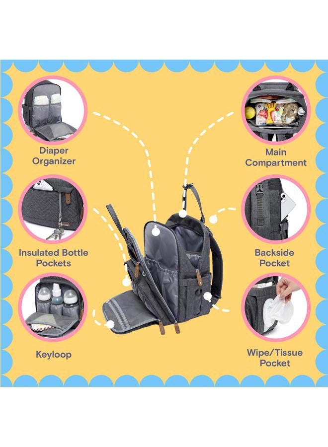 iniuniu Diaper Bag Backpack, 4 in 1 kit Large Unisex Baby Bags for Boys Girls, Waterproof Travel Back Pack with Pouch, Washable Changing Pad, Pacifier Case and Stroller Straps, Dark Gray - Image 5