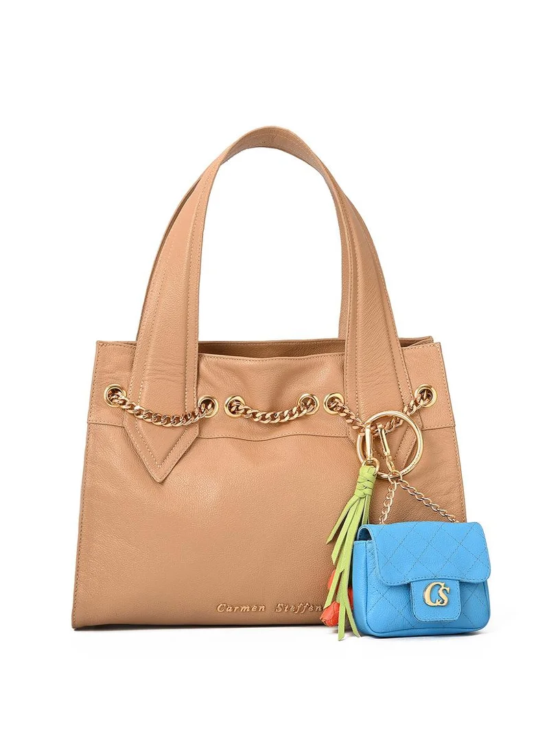 Carmen Steffens Beige Camel Shoulder Bag with Charm Bag