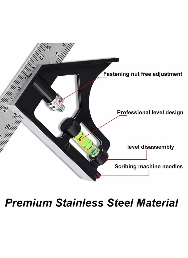 Generic - Combination Square 12Inch/300mm, Engineers Set Square, Stainless Steel Angle Ruler, Adjustable Carpentry Square 45/90 Degree with Bubble Level, Measuring Tool for Engineer Carpenter - Image 1