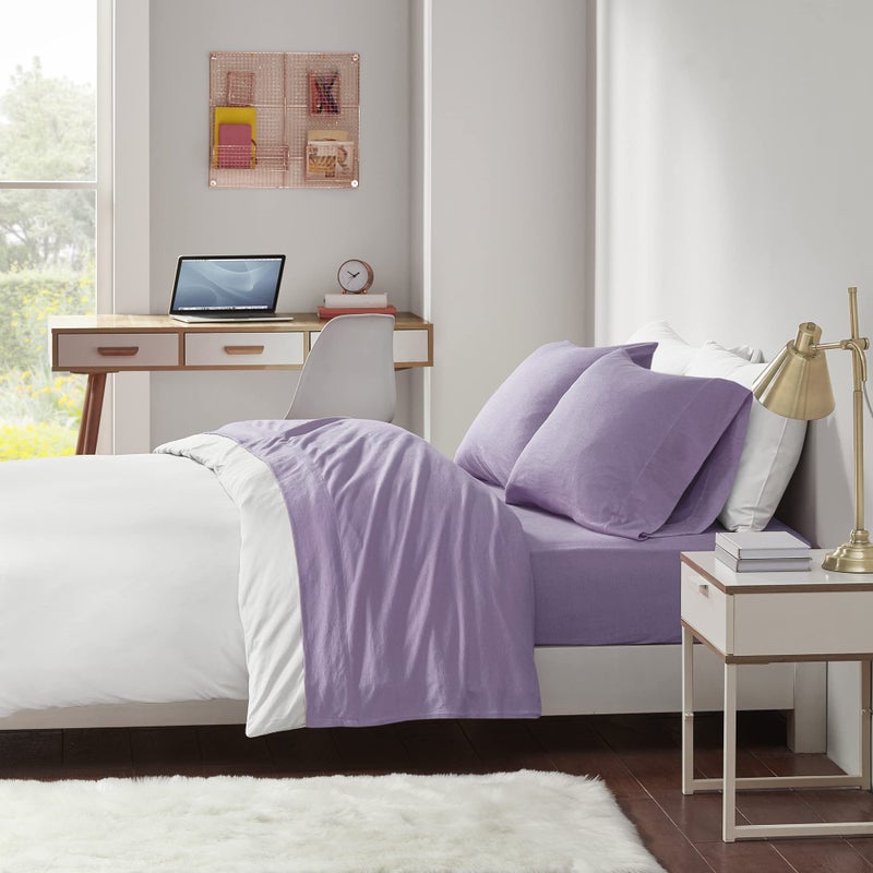 Intelligent Design Cotton Blend Jersey Knit Bed Sheet Set Wrinkle Resistant Soft Sheets with 14 Deep Pocket All Season Cozy BeddingSet Matching Pillow Case Full Purple 4 Piece