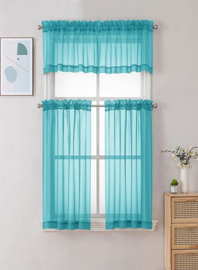 Chyhomenyc Sheer Turquoise Tiered Curtains 24 Inch Length Small Window Curtains Treatment for Bathroom Living Room Basement Short Rod Pocket Cafe Curtains 42x24 Inch 2 Panels - Image 2