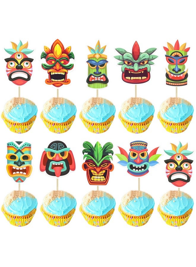 Ephlyn 36Pcs Tiki Tribal Masks Cupcake Toppers Hawaiian Tropical Tiki Totem Cupcake Picks Summer Hawaiian Aloha Tropical Birthday Cupcake Decorations Party Supplies - Image 1