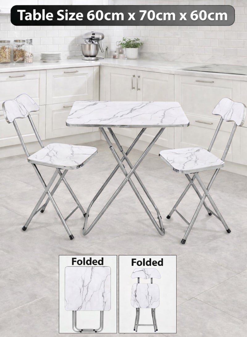 DBLEW Foldable Marble Design Top Square Table with 2 Folding Chairs, Metal Frame – For Dining, Balcony, Office & Outdoor Use - Image 1