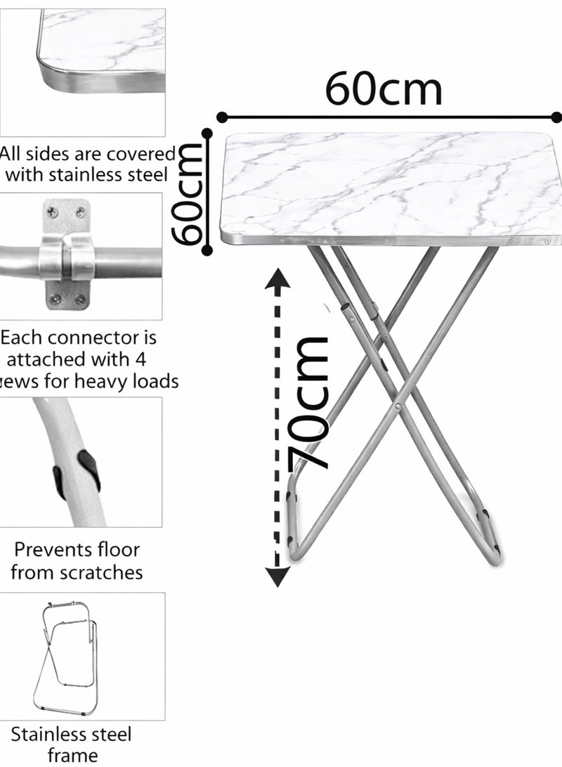 DBLEW Foldable Marble Design Top Square Table with 2 Folding Chairs, Metal Frame – For Dining, Balcony, Office & Outdoor Use - Image 3