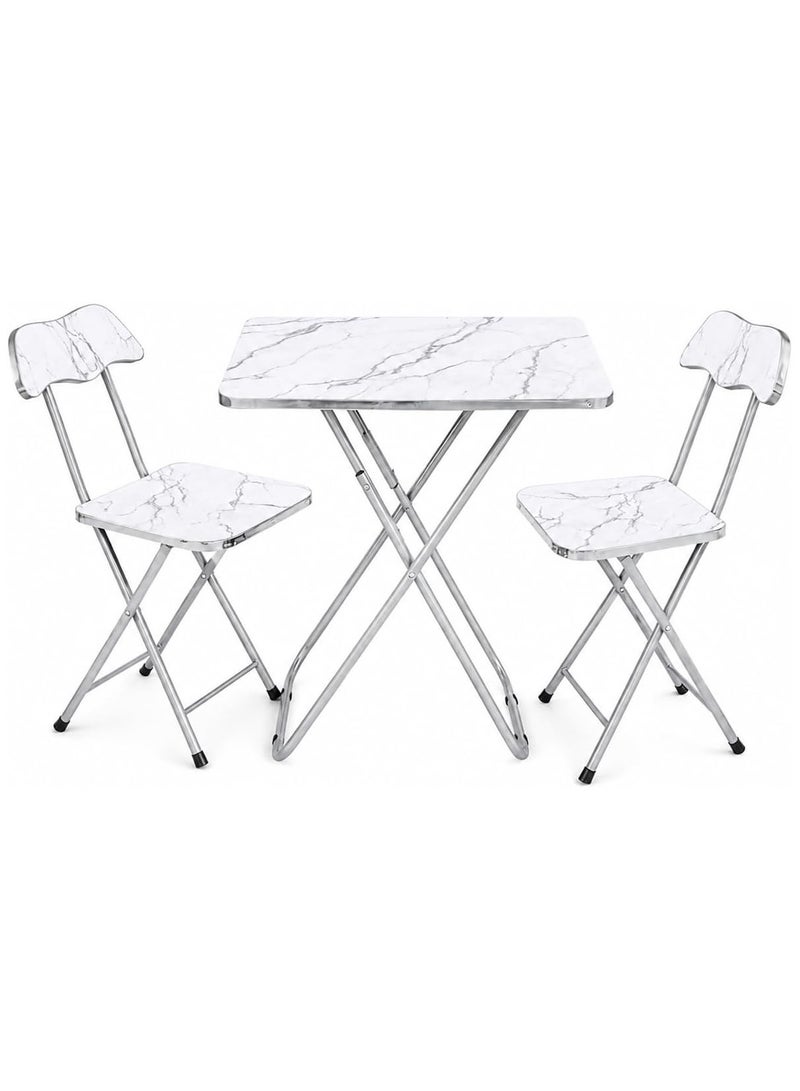 DBLEW Foldable Marble Design Top Square Table with 2 Folding Chairs, Metal Frame – For Dining, Balcony, Office & Outdoor Use - Image 1