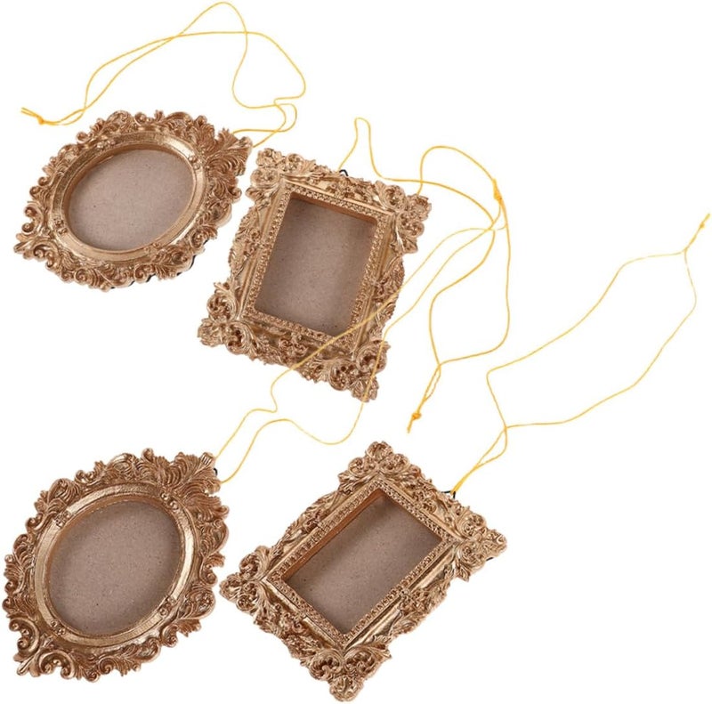 4pcs Mini Vintage Resin Picture Frames – Oval Rectangular Antique Style, Gold Color, Wall-mount and Tabletop Display for Wedding, Home Gallery Decor - Image 1
