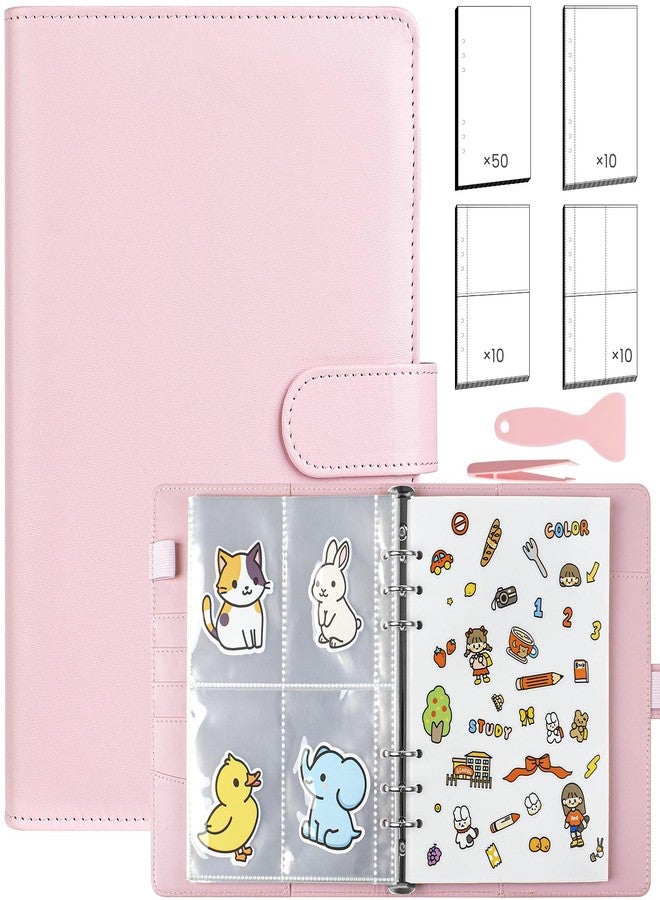 VACONICO Reusable Sticker Book Collecting A5 Binder Sticker Storage Organize for Adult Kids with Blank Release Paper and Clear Pocket Leather Binder Cover with Magnetic Buckle Closure (Pink) - Image 1