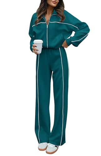 BTFBM Women's Two Piece Tracksuit Fall 2025 Long Sleeve Zip Up Sweatshirt Long Pants Outfits Jogger Sweatsuit Sets(Blue Green,Large) - Image 1