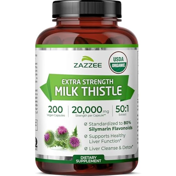Zazzee USDA Organic Milk Thistle 50:1 Extract, 80% Silymarin Flavonoids, 200 Vegan Capsules, 6+ Month Supply, Silybum Marianum, Liver Support & Detox Support, Organic All-Natural, Non-GMO, Made in USA - Image 1