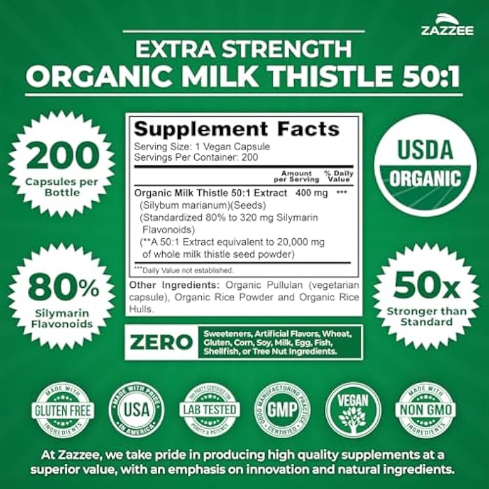 Zazzee USDA Organic Milk Thistle 50:1 Extract, 80% Silymarin Flavonoids, 200 Vegan Capsules, 6+ Month Supply, Silybum Marianum, Liver Support & Detox Support, Organic All-Natural, Non-GMO, Made in USA - Image 3