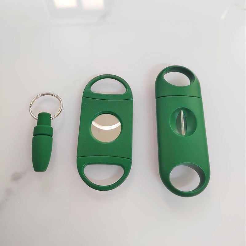 Green Stainless Steel Cigar Cutter Set Three Piece With V Shape Blade - Image 1