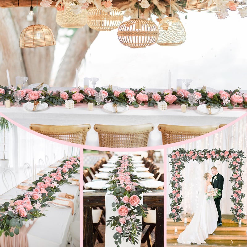 DearHouse 2Pcs Artificial Peony Flower Garland and - Silk Peony Garland with Flowers and Eucalyptus for Wedding Party Table Decoration,6ft/Strand (Pink) - Image 4