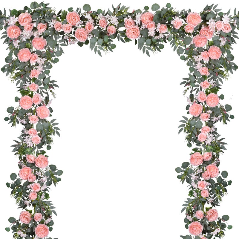 DearHouse 2Pcs Artificial Peony Flower Garland and - Silk Peony Garland with Flowers and Eucalyptus for Wedding Party Table Decoration,6ft/Strand (Pink) - Image 1