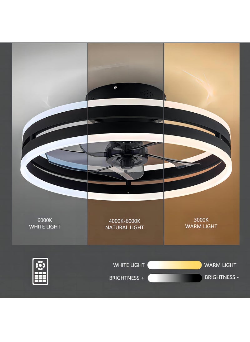 Ceiling Fan with Light, Black Fixed Fan with Lights and Remote Control, 6 Speeds Adjustable, Flush Mount Ceiling Fan 50 * 22CM