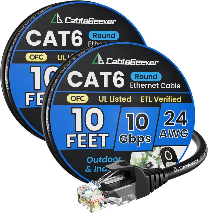 CableGeeker Cat 6 Ethernet Cable 10ft (2 Pack), Indoor&Outdoor, High Speed 10Gbps 24AWG Pure Copper Network Cable, Cat6 Ethernet Patch Cables Short, PoE Computer LAN Cable for Router, Modem, PS5/4, Black - Image 1