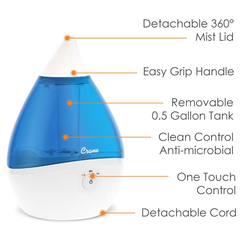 Crane Droplet Ultrasonic Teardrop Cool Mist Air Humidifier, 0.5 Gallon for Bedroom and Office, Blue and White, Nursery Humidifier - Image 3