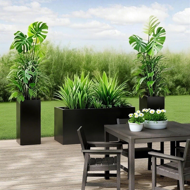GZLVSOW وعاء زراعة معدني مجلفن GZLVSOW باللون الأسود، وعاء خارجي مطلي بالبودرة 32" x 12" x 16"، وعاء ثقيل معدني داخلي وخارجي، تجاري وسكني (L32 x W12 x D16، أسود) - Image 4