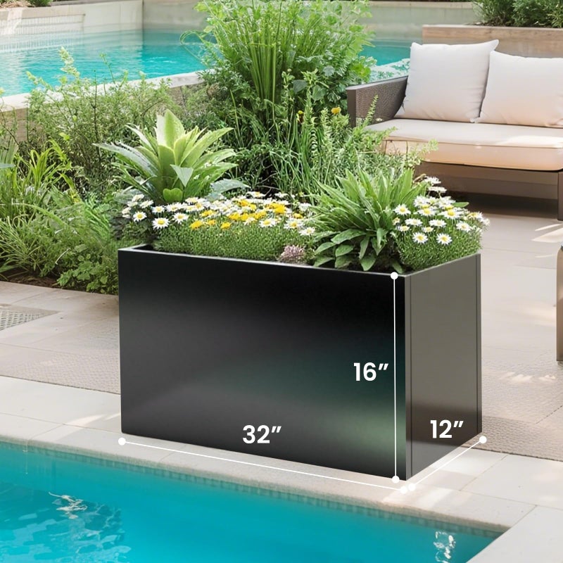 GZLVSOW وعاء زراعة معدني مجلفن GZLVSOW باللون الأسود، وعاء خارجي مطلي بالبودرة 32" x 12" x 16"، وعاء ثقيل معدني داخلي وخارجي، تجاري وسكني (L32 x W12 x D16، أسود) - Image 5