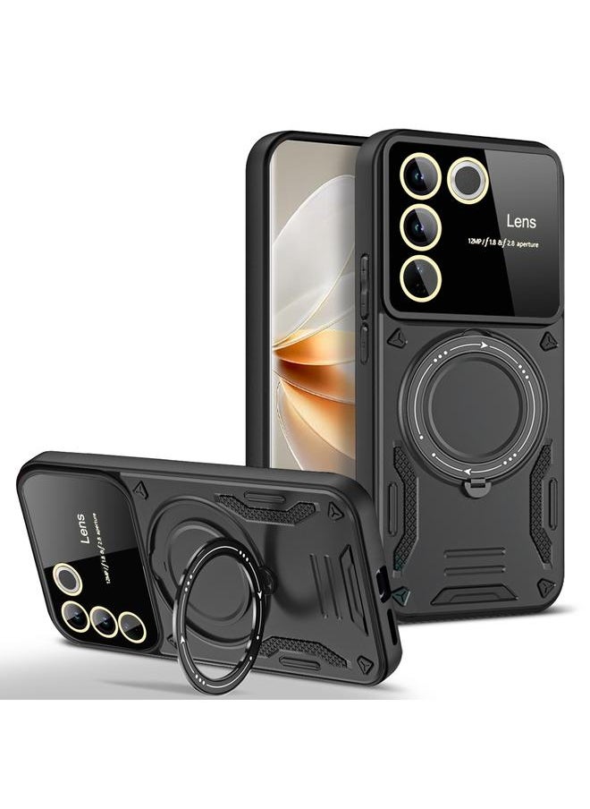 Generic For vivo V27 Global Large Window MagSafe Holder Phone Case(Black) 