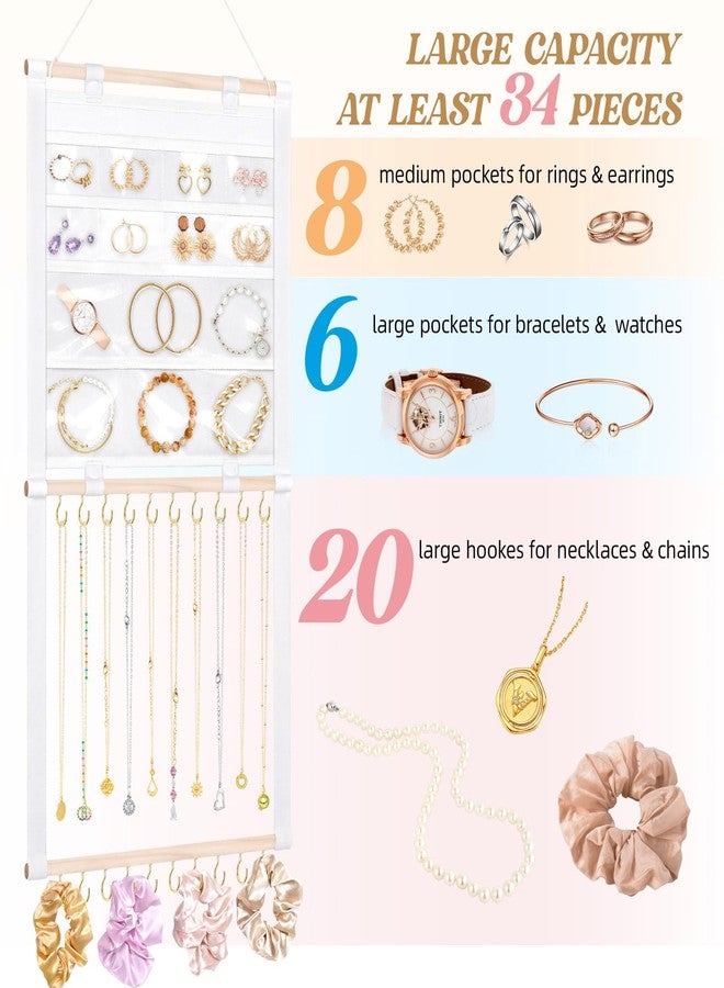 milylove Necklace Holder Wall Mount, Hanging Jewelry Organizer, 20 Hooks & 14 Pockets, Wall Necklace Organizer With Detachable PVC Bags for Tavel, Jewelry Necklace Hanger for Bracelets,Rings Display - Image 3