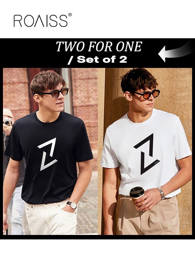 roaiss 2Pcs Men's T-shirt Trendy All-Match Pure Cotton Fabric Classic Simple  Pattern Printing Short Sleeves Top for Summer  - Image 1