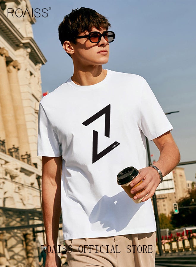 roaiss 2Pcs Men's T-shirt Trendy All-Match Pure Cotton Fabric Classic Simple  Pattern Printing Short Sleeves Top for Summer  - Image 2