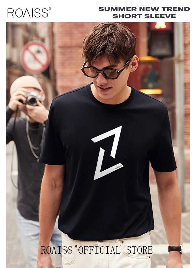 roaiss 2Pcs Men's T-shirt Trendy All-Match Pure Cotton Fabric Classic Simple  Pattern Printing Short Sleeves Top for Summer  - Image 3