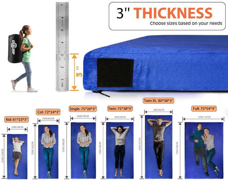 Gaialoop 3 Inch Memory Foam Camping Mattress, Dual Layer Thick Sleeping Camp Pad for Car Tent Cot, Roll-Up Portable Glamping Floor Bed for Guests Sleepover[Cot: 72 * 24 * 3"] - Image 2