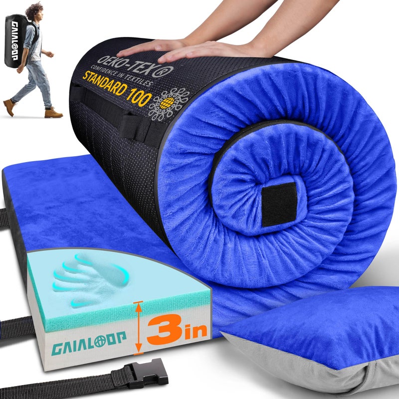 Gaialoop 3 Inch Memory Foam Camping Mattress, Dual Layer Thick Sleeping Camp Pad for Car Tent Cot, Roll-Up Portable Glamping Floor Bed for Guests Sleepover[Cot: 72 * 24 * 3"] - Image 1