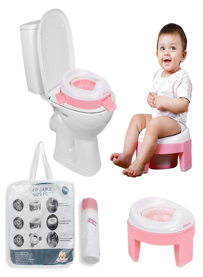Infantso (2-in-1) Baby Potty Training Seat for 1 + Year Child, Foldable Potty Seat with Detachable Potty Bowl & trash bags, Potty training of Boys & Girls, Fits Round & Oval Western Toilets (Pink) - Image 1