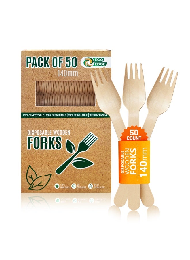 ایکوایدج EcoEdge Wooden Biodegradable Fork (50 Pack) 140 MM | Bamboo/Birch, Premium, FSC-Certified, Reusable, BPA-Plastic Free, Sturdy | For Home, Office, Dining, Picnic, Party and Takeout | 100% Eco Friendly - Image 1