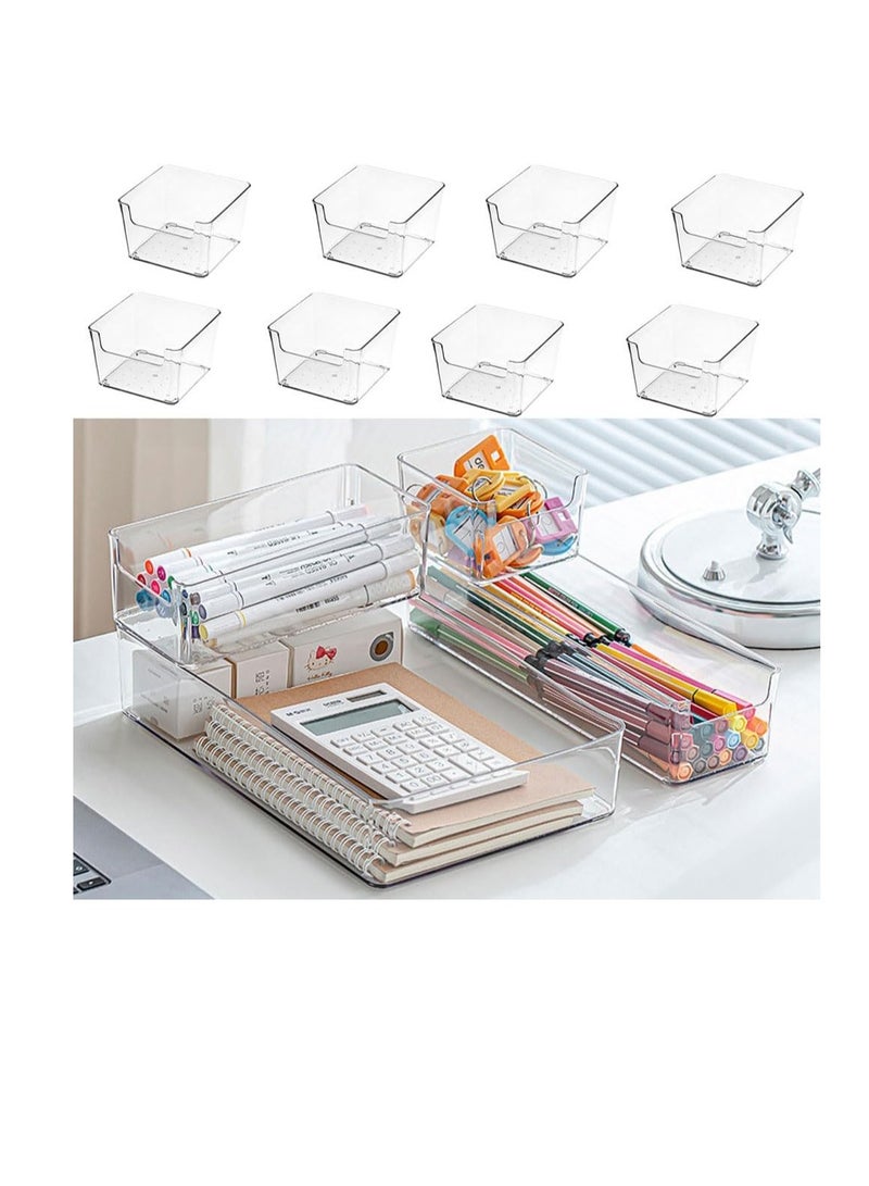 8 Pack Desk Drawer Organizers Clear Plastic Storge Bins Stationary Organizers Trays Set Arylic Cosmetics Divders for Makeup Brush Lipstick Eyebrow Pencil - Image 1