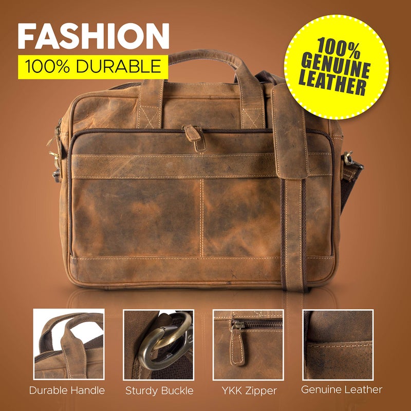 KomalC 16 Inch Leather briefcases Laptop Messenger Bags for Men and Women Best Office Satchel Bag (Distressed Tan) - Image 5
