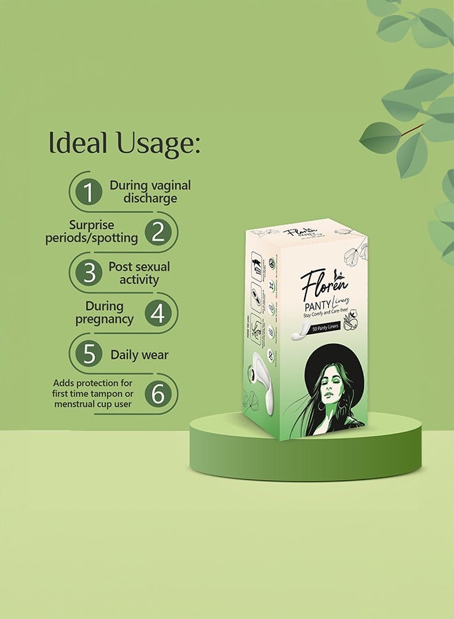 Floren Panty Liners (50 Liners) | Curvy Design for Extra Comfort | Cottony-Soft Surface with 185mm Wide Optimal Coverage - Image 2