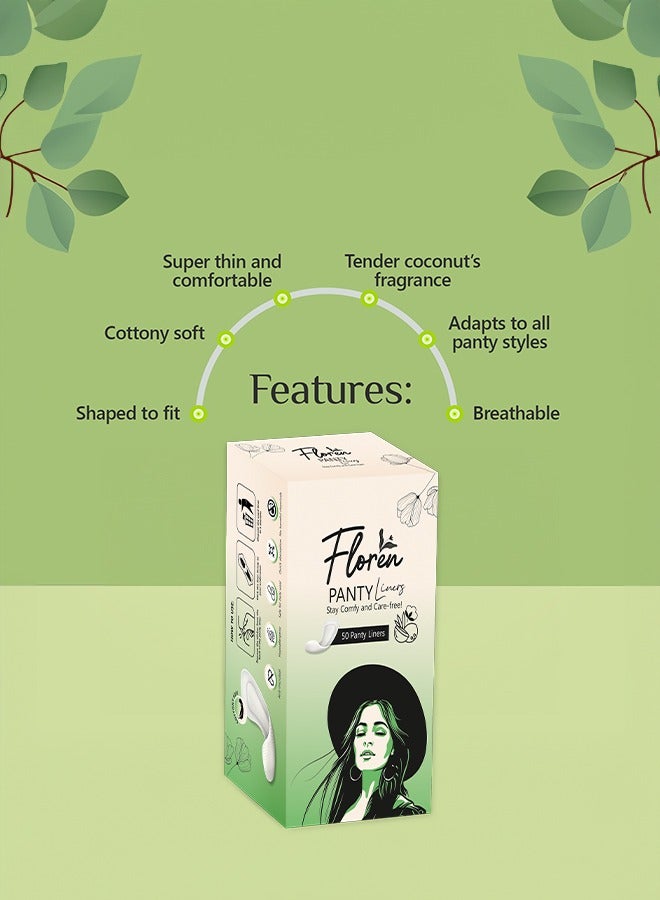 Floren Panty Liners (50 Liners) | Curvy Design for Extra Comfort | Cottony-Soft Surface with 185mm Wide Optimal Coverage - Image 3