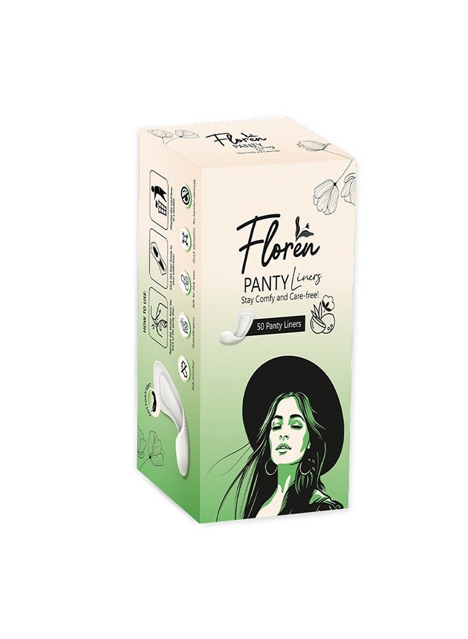 Floren Panty Liners (50 Liners) | Curvy Design for Extra Comfort | Cottony-Soft Surface with 185mm Wide Optimal Coverage - Image 1