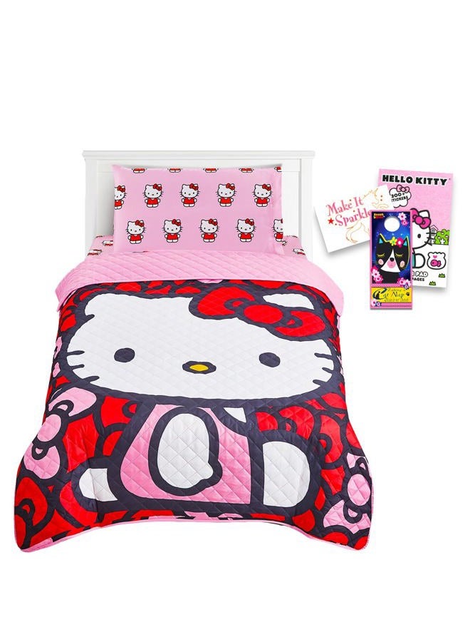 Hello Kitty Twin Bedding Set for Girls - Bundle with Hello Kitty Bedspread, Flat Sheet, Fitted Sheet, Pillowcase Plus Posters, Decals, More for Kids | Hello Kitty Room Decor - Image 1