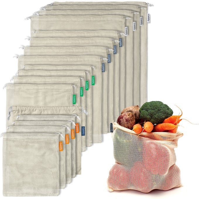 17 REUSABLE COTTON MESH PRODUCE BAGS 100 ORGANIC COTTON DURABLE DOUBLE STITCHED WASHABLE WITH TARE WEIGHT DRAWSTRING MESH BAGS FOR GROCERY SHOPPING VEGETABLES FRUITS PRODUCE BGS 4 SIZES