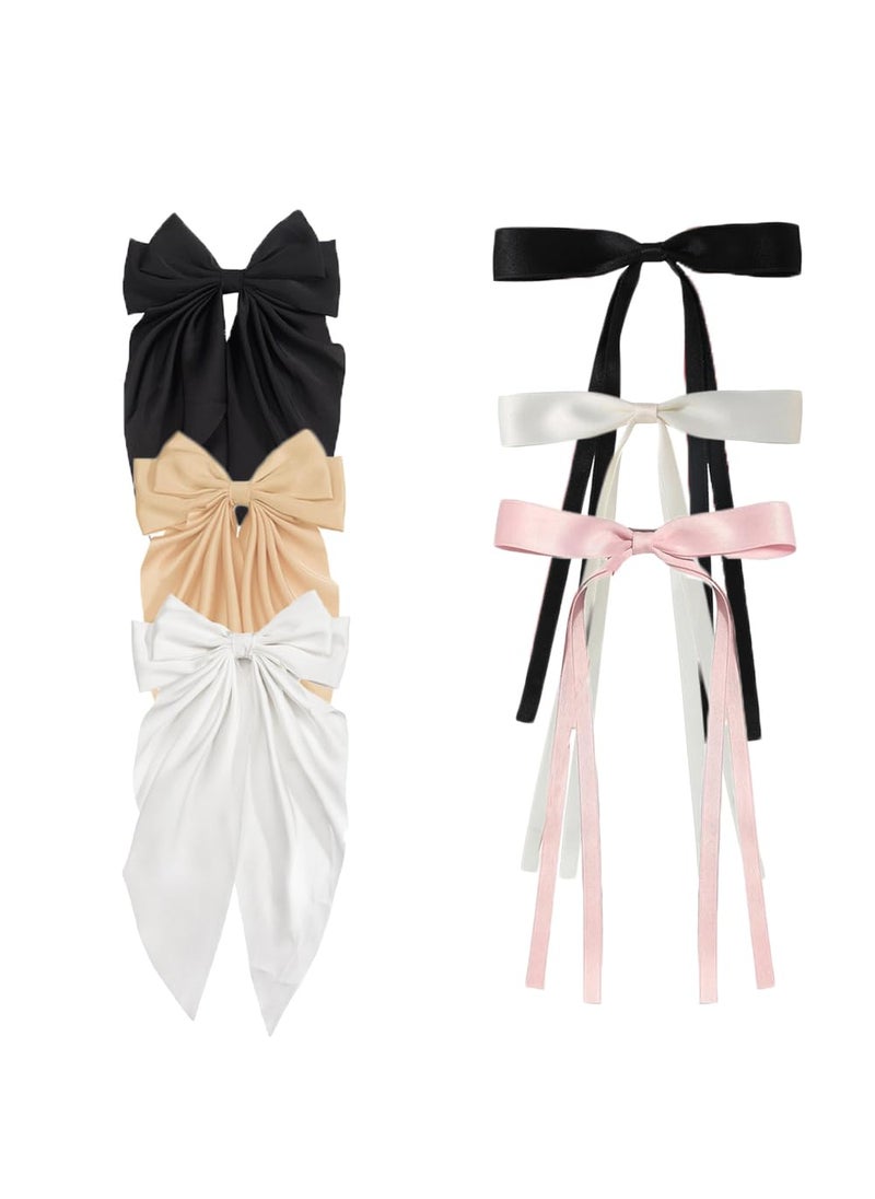 Funlovin - 6pcs Hair Bow for Women Girls Large Bows Hair Ribbon Silky Black Bows for Hair with Bowknot Long Tail Elegant Big Hair Clips Hair Barrette Hair Pins BlackKhakiWhiteBeigePink Bow - Image 1