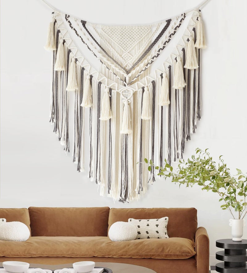 Jakalin Macrame Wall Hanging Grey Small Macrame Wall Decor Panels Handmade Wall Art Home Living Room Bedroom Decor,31" Wx 39" L - Image 3