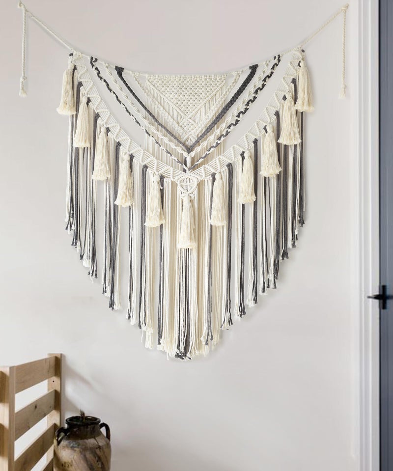 Jakalin Macrame Wall Hanging Grey Small Macrame Wall Decor Panels Handmade Wall Art Home Living Room Bedroom Decor,31" Wx 39" L - Image 4