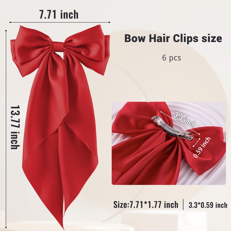 hisial 6Pcs Large Bows Hair Clips for Women Girls Long Tail Hair Ribbon Silky Satin Barrettes Coquette Bows Accessories (Red) - Image 2