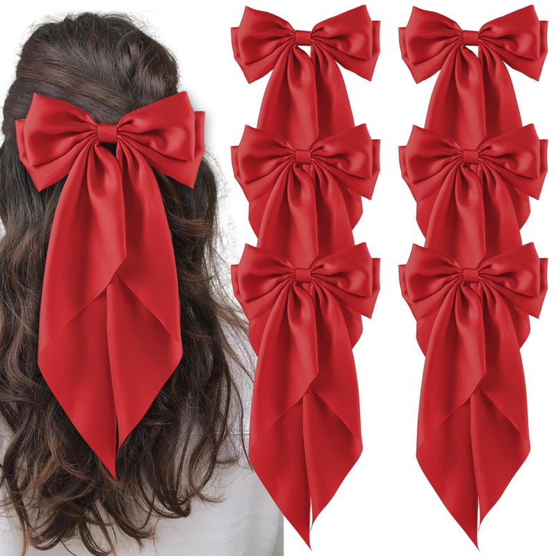 hisial 6Pcs Large Bows Hair Clips for Women Girls Long Tail Hair Ribbon Silky Satin Barrettes Coquette Bows Accessories (Red) - Image 1