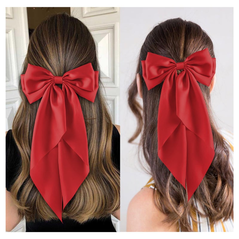 hisial 6Pcs Large Bows Hair Clips for Women Girls Long Tail Hair Ribbon Silky Satin Barrettes Coquette Bows Accessories (Red) - Image 4