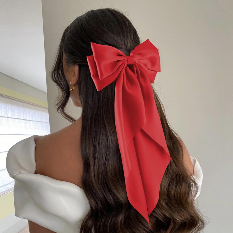 hisial 6Pcs Large Bows Hair Clips for Women Girls Long Tail Hair Ribbon Silky Satin Barrettes Coquette Bows Accessories (Red) - Image 3