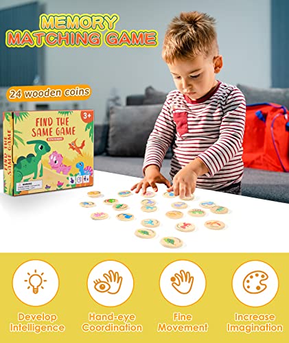 Protado Wooden Match Memory Game for Kids 24Pc Memory Matching Cards Educational Memory Matching Game for PreKindergarten Early Learning Development KidsDinosaur - Image 5