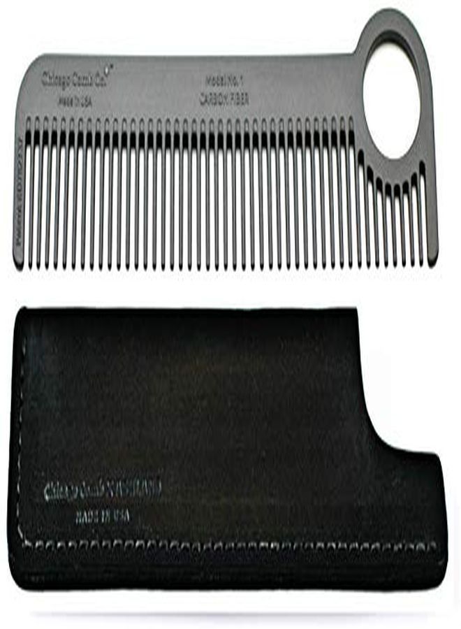 Chicago Comb Model 1 Carbon Fiber Comb + Dublin Black Horween Leather Sheath, Made In Usa, Ultimate Pocket And Travel Comb, Ultra Smooth Strong & Light, Antistatic, Premium American Leather Sheath - Image 1